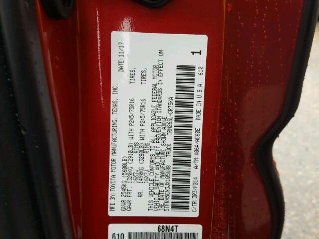 5TFRX5GN3JX105688 - 2018 TOYOTA TACOMA ACC RED photo 10