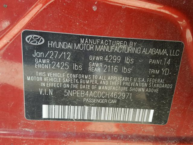 5NPEB4AC0CH462971 - 2012 HYUNDAI SONATA GLS RED photo 10