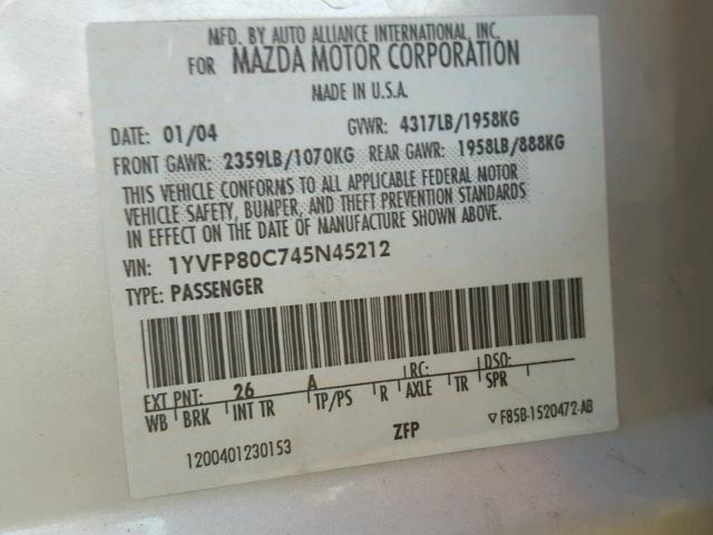 1YVFP80C745N45212 - 2004 MAZDA 6 I SILVER photo 10