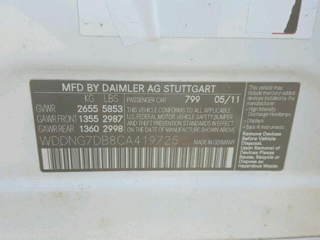 WDDNG7DB8CA419725 - 2012 MERCEDES-BENZ S 550 WHITE photo 10