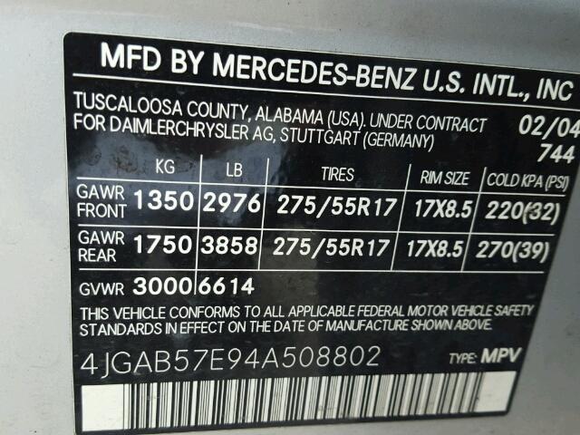 4JGAB57E94A508802 - 2004 MERCEDES-BENZ ML350 SILVER photo 10