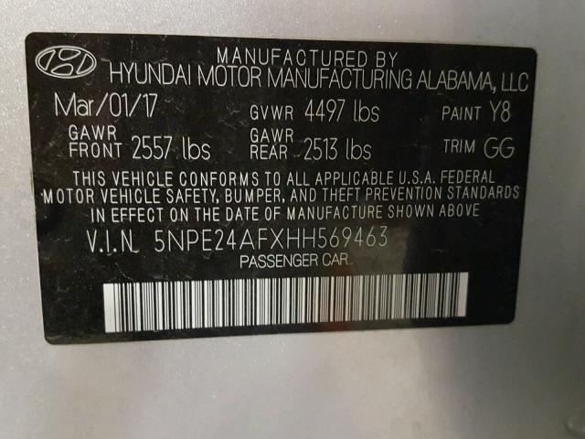 5NPE24AFXHH569463 - 2017 HYUNDAI SONATA SE SILVER photo 10