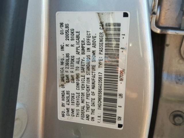 1HGCM66586A035817 - 2006 HONDA ACCORD EX SILVER photo 10