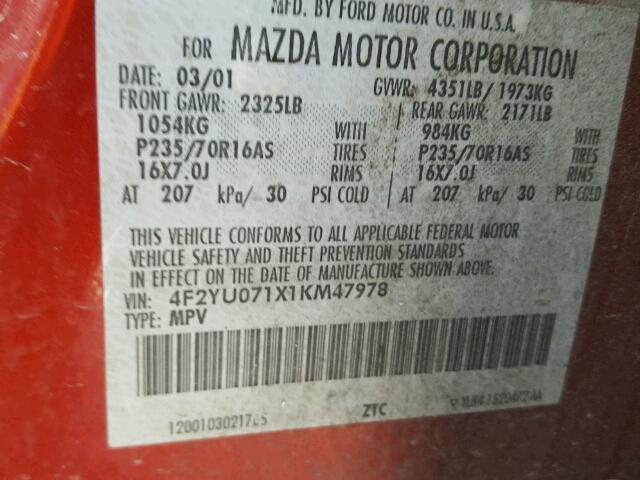 4F2YU071X1KM47978 - 2001 MAZDA TRIBUTE DX MAROON photo 10