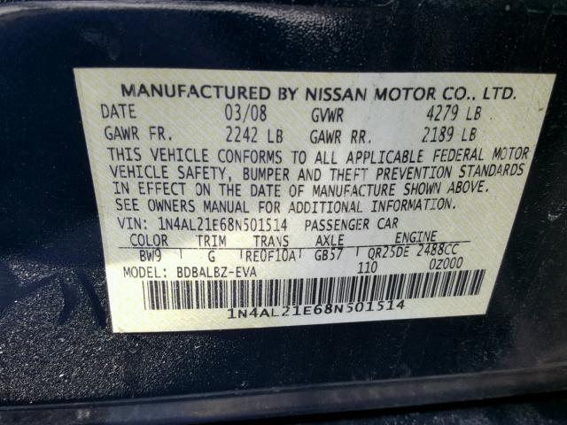 1N4AL21E68N501514 - 2008 NISSAN ALTIMA 2.5 BLUE photo 10