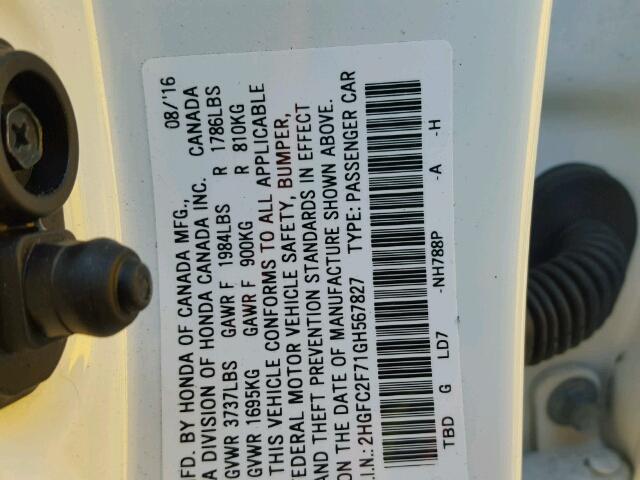 2HGFC2F71GH567827 - 2016 HONDA CIVIC EX WHITE photo 10