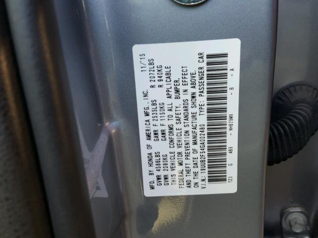19UUB2F54GA002480 - 2016 ACURA TLX TECH GRAY photo 10