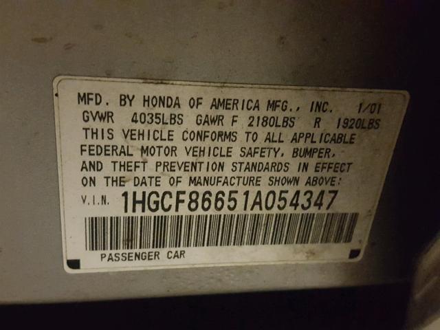 1HGCF86651A054347 - 2001 HONDA ACCORD VAL SILVER photo 10