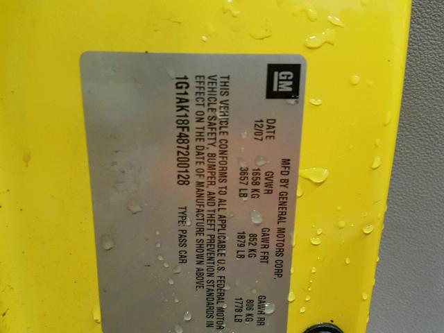 1G1AK18F487200128 - 2008 CHEVROLET COBALT LS YELLOW photo 10