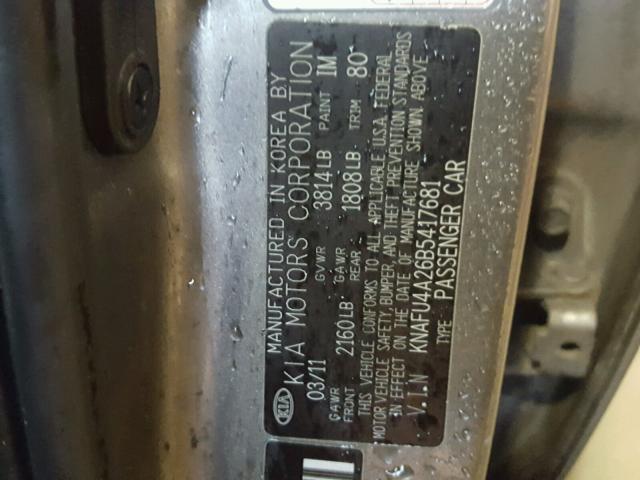 KNAFU4A26B5417681 - 2011 KIA FORTE EX GRAY photo 10