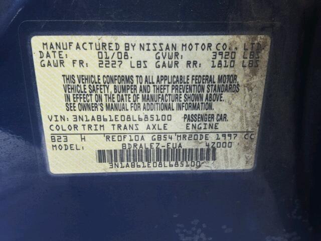 3N1AB61E08L685100 - 2008 NISSAN SENTRA 2.0 BLUE photo 10