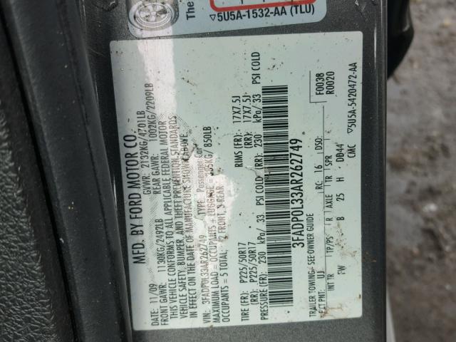 3FADP0L33AR262749 - 2010 FORD FUSION HYB GRAY photo 10