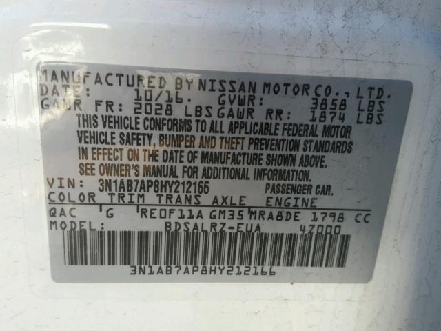 3N1AB7AP8HY212166 - 2017 NISSAN SENTRA S WHITE photo 10