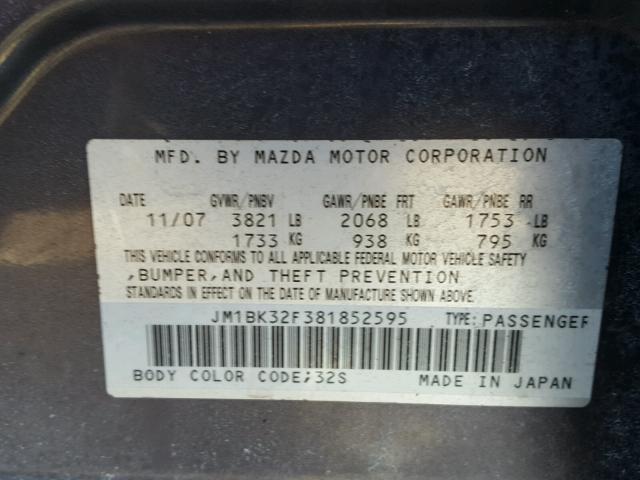 JM1BK32F381852595 - 2008 MAZDA 3 I GRAY photo 10