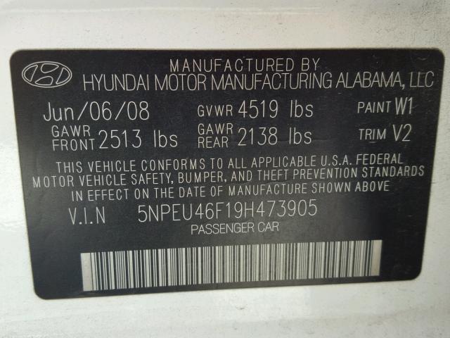 5NPEU46F19H473905 - 2009 HYUNDAI SONATA SE WHITE photo 10