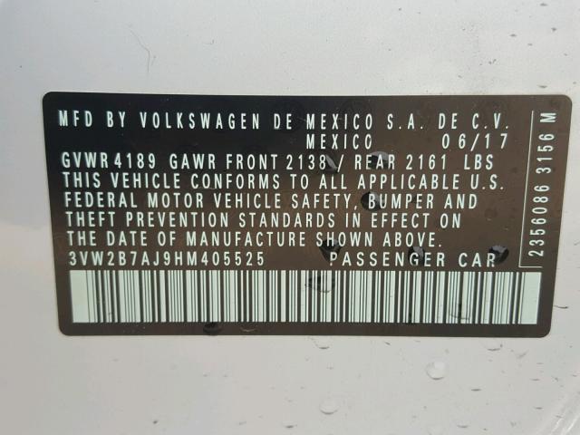 3VW2B7AJ9HM405525 - 2017 VOLKSWAGEN JETTA S 白色 照片 10