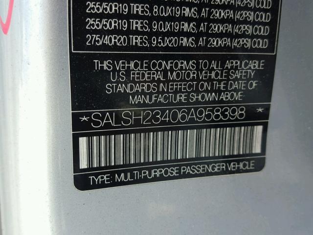 SALSH23406A958398 - 2006 LAND ROVER RANGE ROVE SILVER photo 10