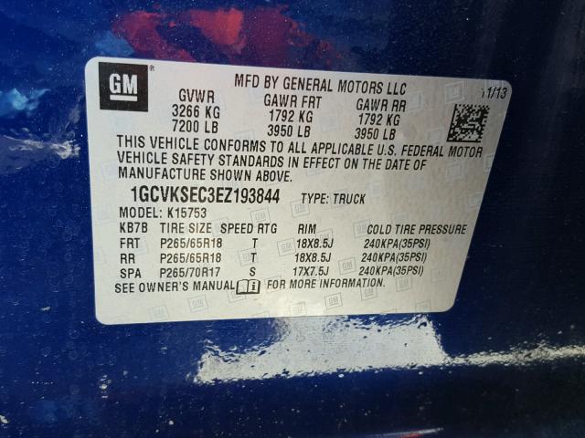 1GCVKSEC3EZ193844 - 2014 CHEVROLET SILVERADO BLUE photo 10