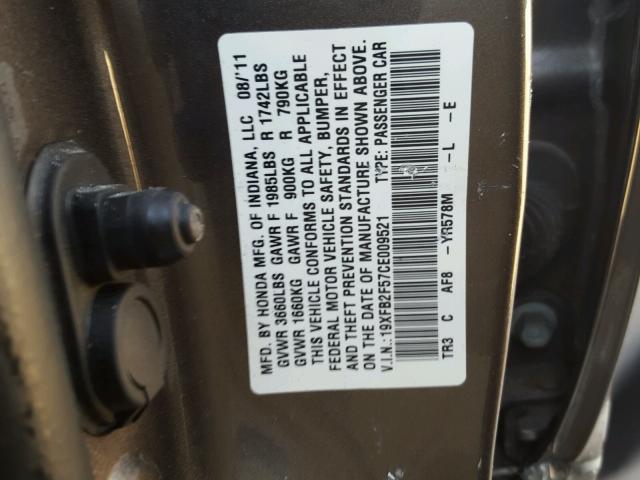 19XFB2F57CE009521 - 2012 HONDA CIVIC LX GRAY photo 10