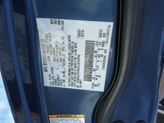 1FMDU74W65UB56990 - 2005 FORD EXPLORER E BLUE photo 10