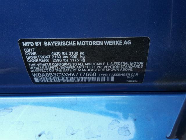 WBA8B3C3XHK777660 - 2017 BMW 340 I BLUE photo 10