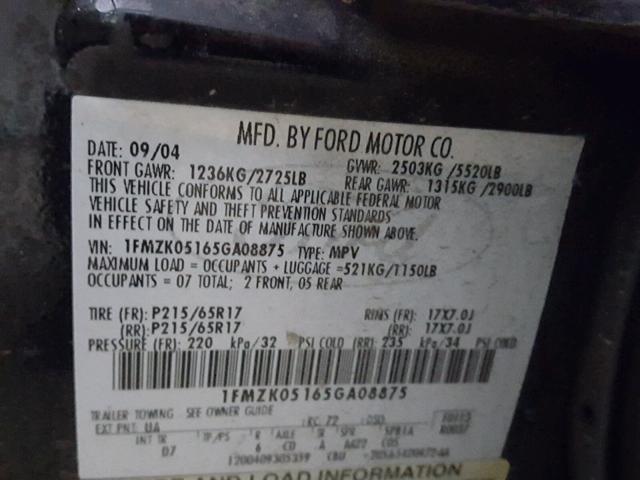 1FMZK05165GA08875 - 2005 FORD FREESTYLE BLACK photo 10