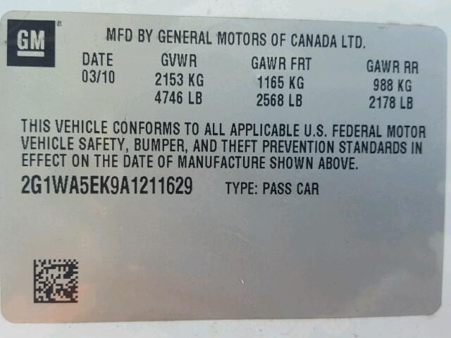 2G1WA5EK9A1211629 - 2010 CHEVROLET IMPALA LS WHITE photo 10