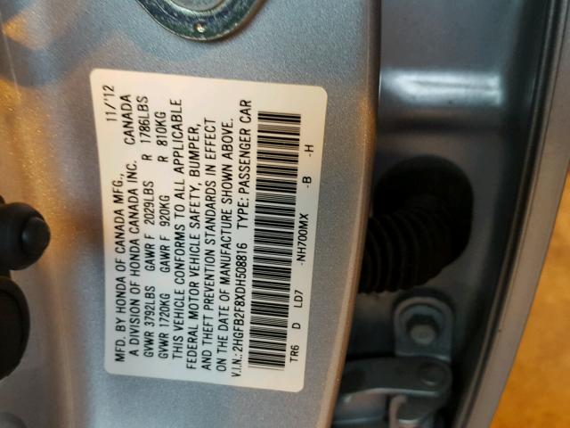 2HGFB2F8XDH508816 - 2013 HONDA CIVIC EX SILVER photo 10