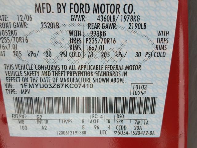 1FMYU03Z67KC07410 - 2007 FORD ESCAPE XLT BURGUNDY photo 10