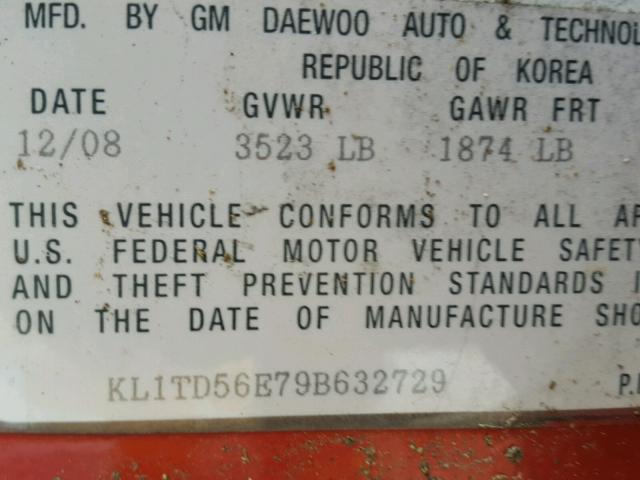 KL1TD56E79B632729 - 2009 CHEVROLET AVEO LS RED photo 10