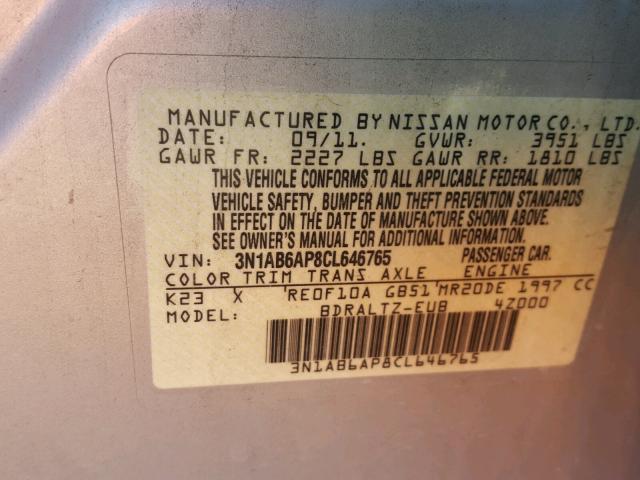 3N1AB6AP8CL646765 - 2012 NISSAN SENTRA 2.0 SILVER photo 10