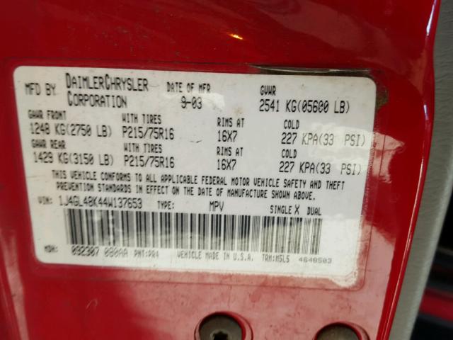 1J4GL48K44W137653 - 2004 JEEP LIBERTY SP RED photo 10