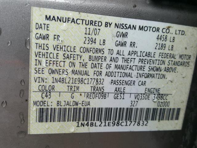 1N4BL21E98C177832 - 2008 NISSAN ALTIMA 3.5 BEIGE photo 10