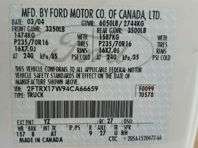 2FTRX17W94CA66659 - 2004 FORD F-150 HERI WHITE photo 10