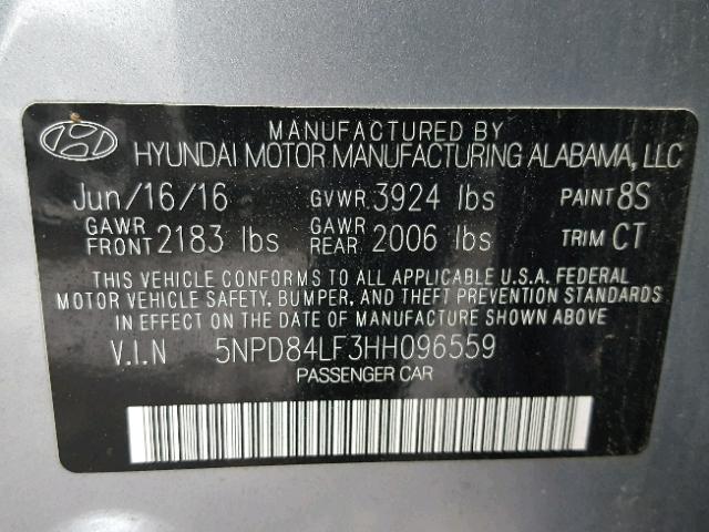 5NPD84LF3HH096559 - 2017 HYUNDAI ELANTRA SE GRAY photo 10