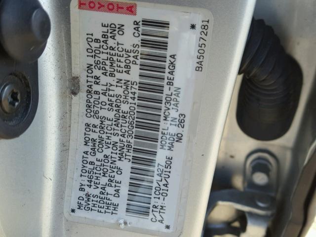 JTHBF30G620014475 - 2002 LEXUS ES 300 SILVER photo 10