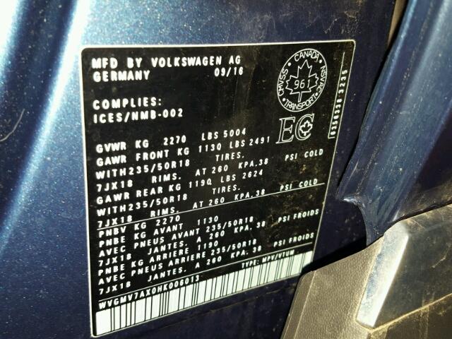 WVGMV7AX0HK006013 - 2017 VOLKSWAGEN TIGUAN COM BLUE photo 10