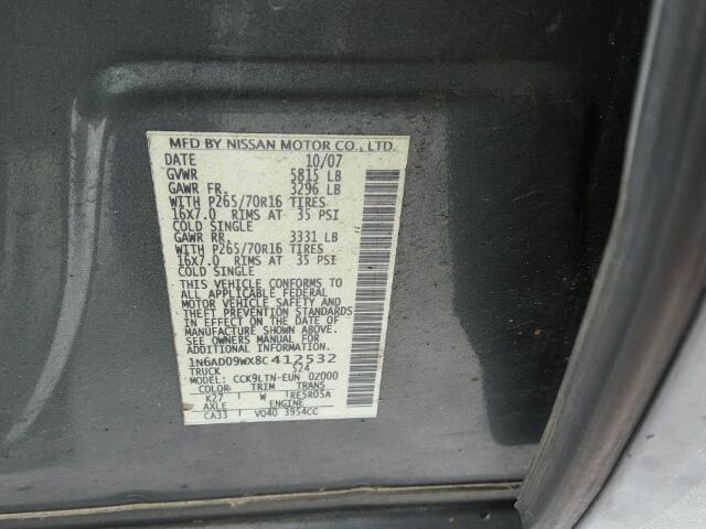 1N6AD09WX8C412532 - 2008 NISSAN FRONTIER C GRAY photo 10