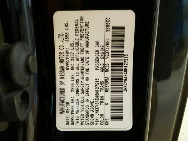 JNKCV64E48M127215 - 2008 INFINITI G37 BASE BLACK photo 10