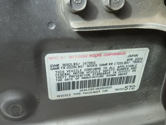 JA3AJ26E34U069505 - 2004 MITSUBISHI LANCER ES GRAY photo 10