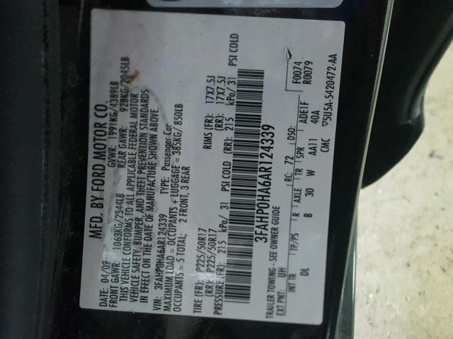 3FAHP0HA6AR124339 - 2010 FORD FUSION SE BLACK photo 10