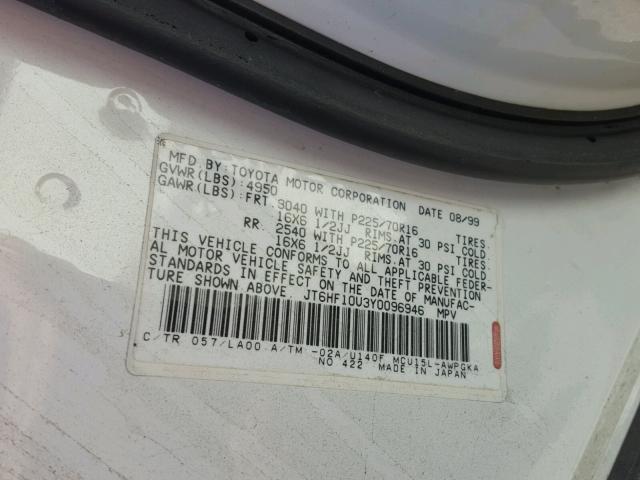 JT6HF10U3Y0096946 - 2000 LEXUS RX 300 WHITE photo 10