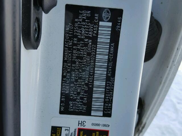 4T4BE46K08R029322 - 2008 TOYOTA CAMRY CE WHITE photo 10