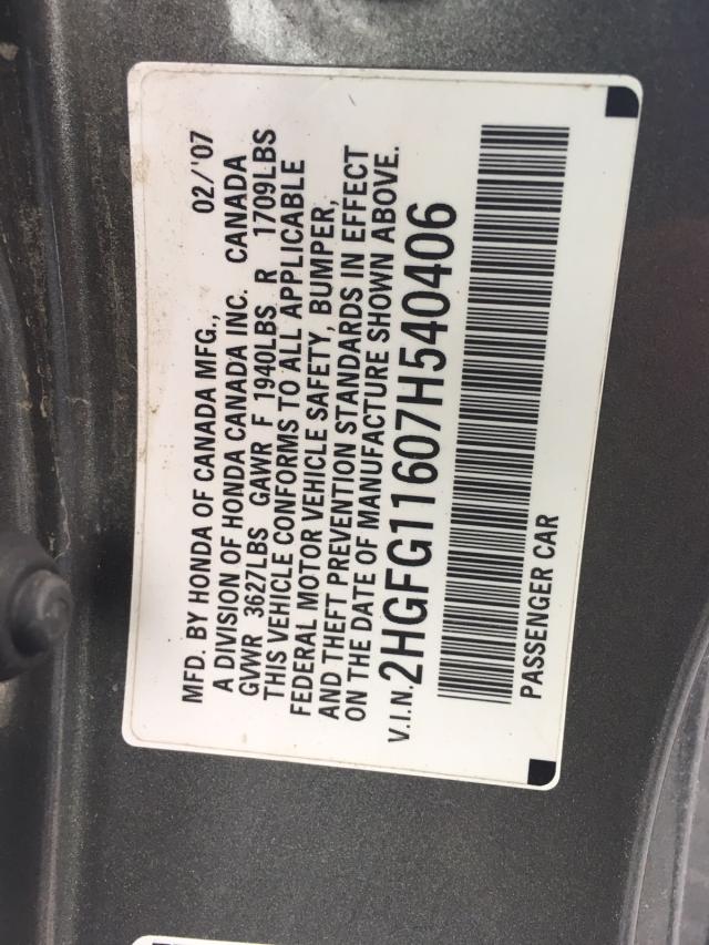 2HGFG11607H540406 - 2007 HONDA CIVIC LX GRAY photo 10