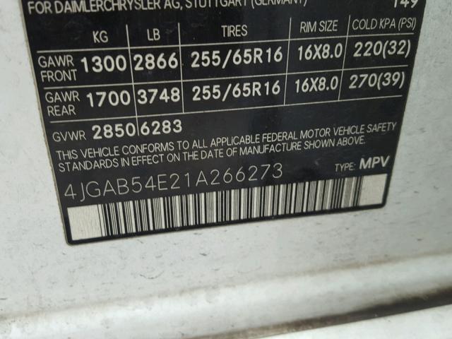 4JGAB54E21A266273 - 2001 MERCEDES-BENZ ML 320 WHITE photo 10