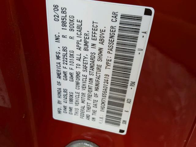 1HGCM71656A012419 - 2006 HONDA ACCORD EX RED photo 10