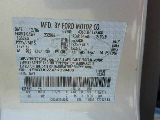 1FMYU02Z47KB99406 - 2007 FORD ESCAPE XLS SILVER photo 10