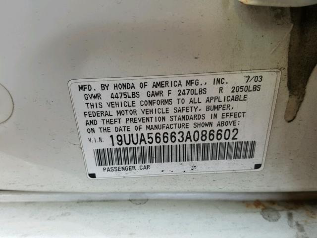 19UUA56663A086602 - 2003 ACURA 3.2TL WHITE photo 10