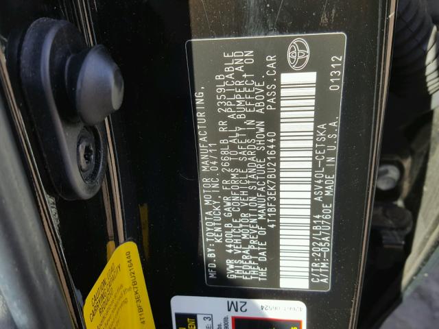 4T1BF3EK7BU216440 - 2011 TOYOTA CAMRY BASE BLACK photo 10