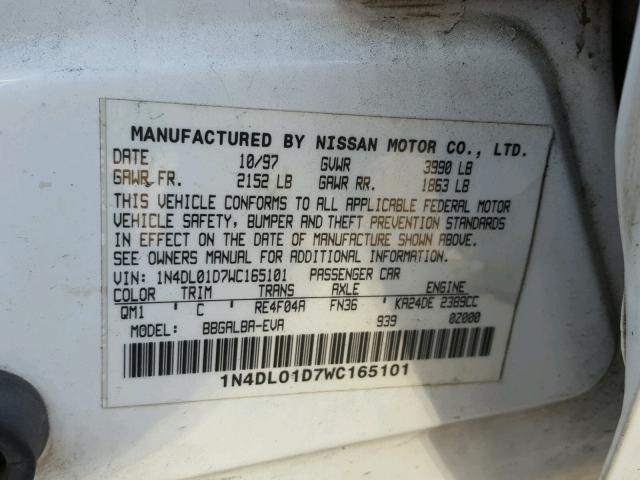 1N4DL01D7WC165101 - 1998 NISSAN ALTIMA XE WHITE photo 10